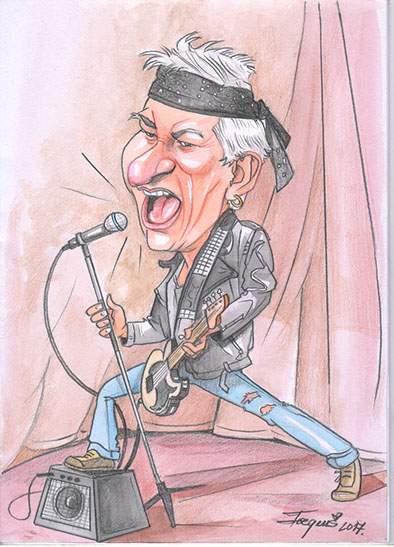Barevná karikatura rockera s kytarou od Karikaturisty Janka, originální dárek pro hudebníka na zakázku.