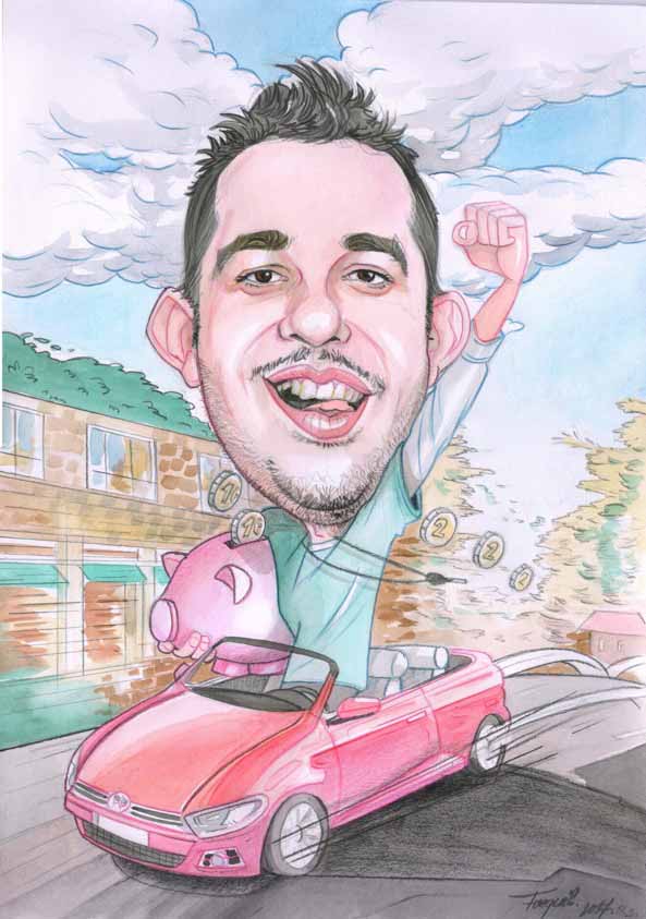 Barevná karikatura veselého kluka sedícího v červeném autíčku.
